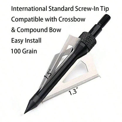 Hunting Broadheads 12Pcs 3 Blades Archery Broadheads 100 Grain Screw-In Arrow Heads Arrow Tips Compatible With Traditional Bows And Compound Bow