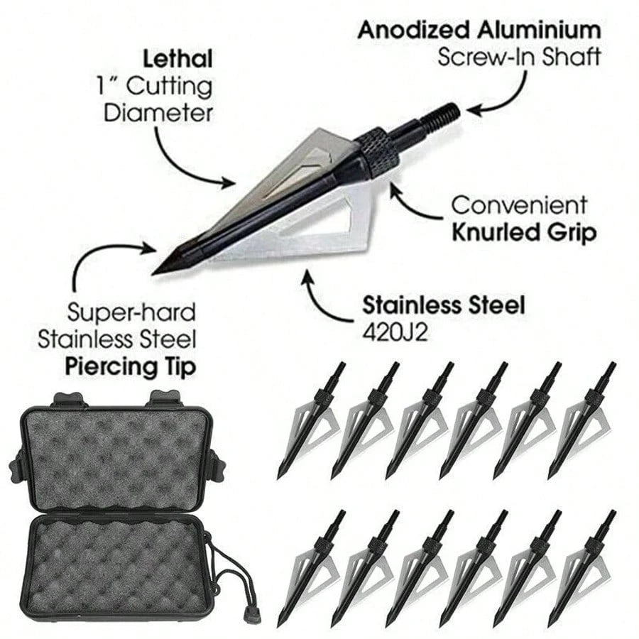 Hunting Broadheads 12Pcs 3 Blades Archery Broadheads 100 Grain Screw-In Arrow Heads Arrow Tips Compatible With Traditional Bows And Compound Bow