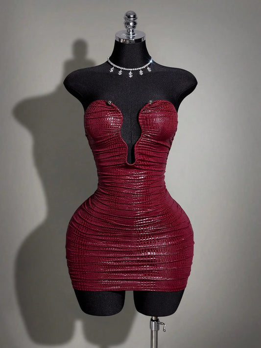 ICON 2026 New Arrive Women's Y2k Sexy Burgundy Fitted Dress With Hollow Neckline Metal Decor For Women,Spring/Summer,Summer Dress Club Night Out