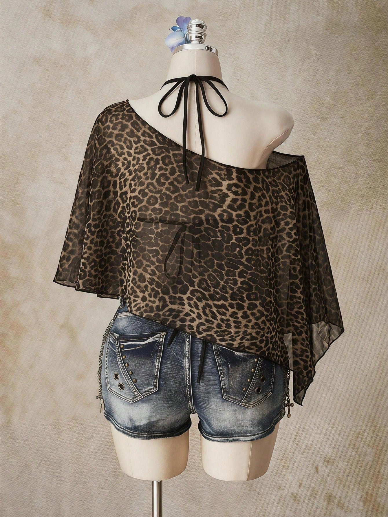 ICON Leopard Print Plus Size Women's Asymmetric Neck Batwing Sleeve Loose Top