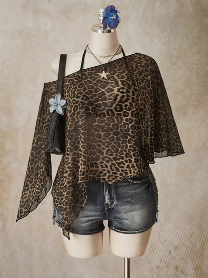 ICON Leopard Print Plus Size Women's Asymmetric Neck Batwing Sleeve Loose Top