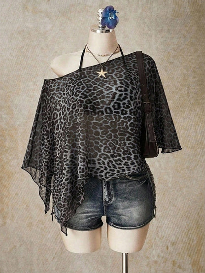 ICON Leopard Print Plus Size Women's Asymmetric Neck Batwing Sleeve Loose Top