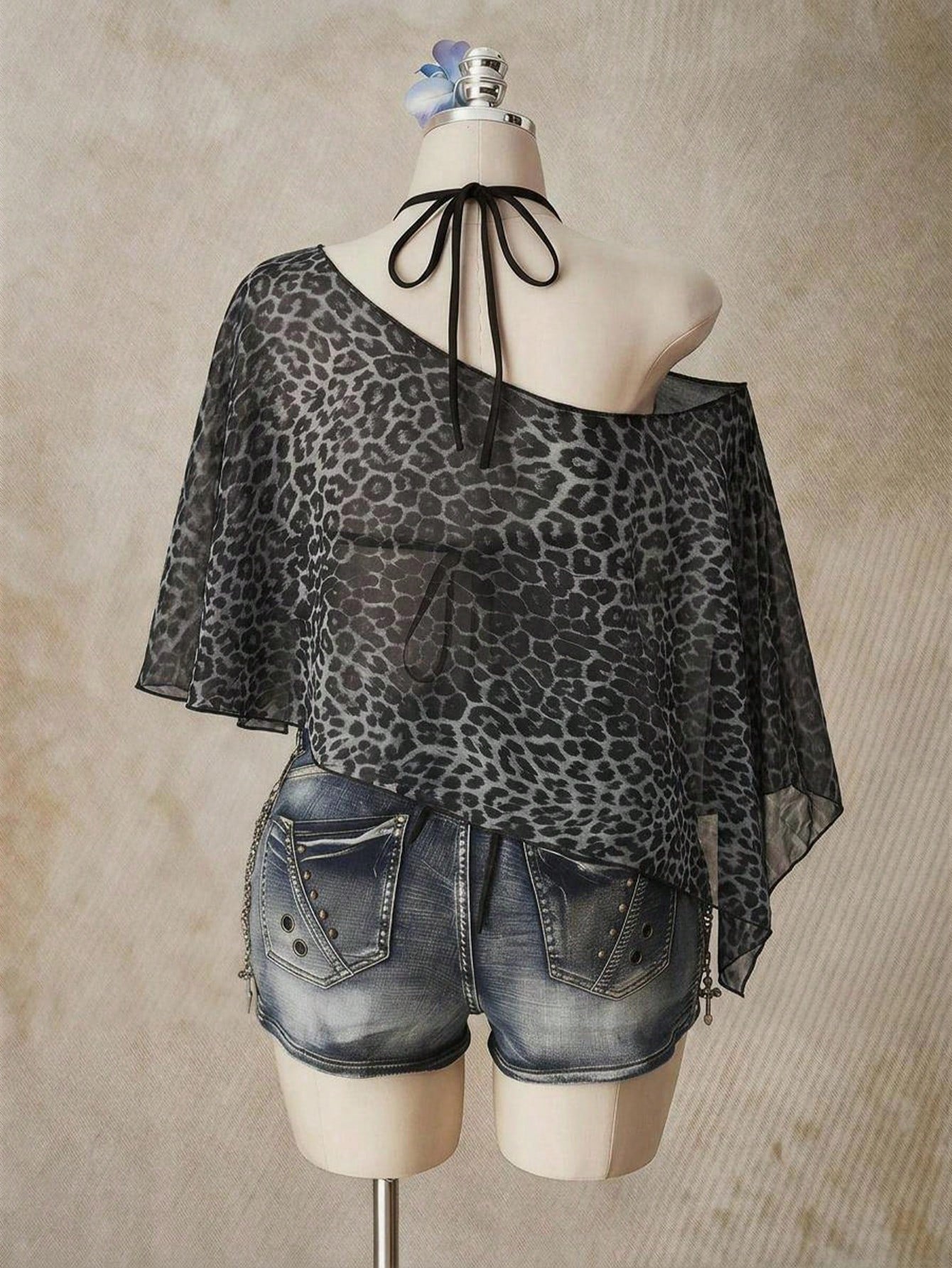 ICON Leopard Print Plus Size Women's Asymmetric Neck Batwing Sleeve Loose Top