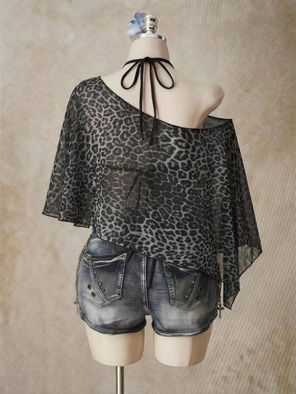 ICON Leopard Print Plus Size Women's Asymmetric Neck Batwing Sleeve Loose Top