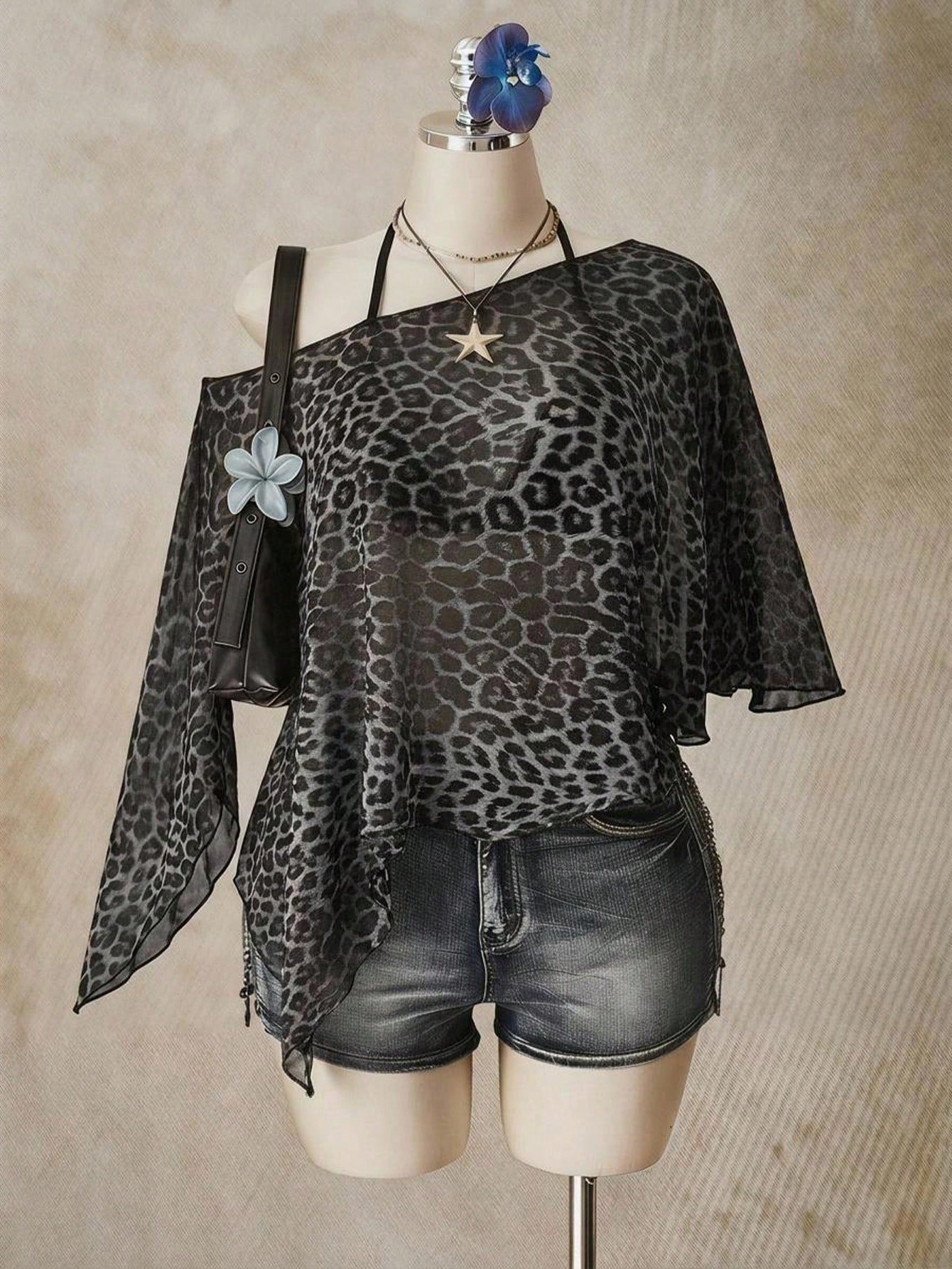ICON Leopard Print Plus Size Women's Asymmetric Neck Batwing Sleeve Loose Top