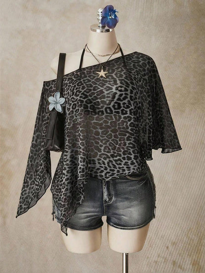 ICON Leopard Print Plus Size Women's Asymmetric Neck Batwing Sleeve Loose Top