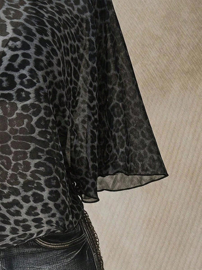 ICON Leopard Print Plus Size Women's Asymmetric Neck Batwing Sleeve Loose Top