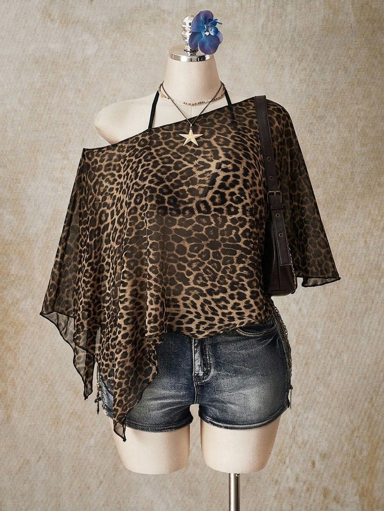 ICON Leopard Print Plus Size Women's Asymmetric Neck Batwing Sleeve Loose Top
