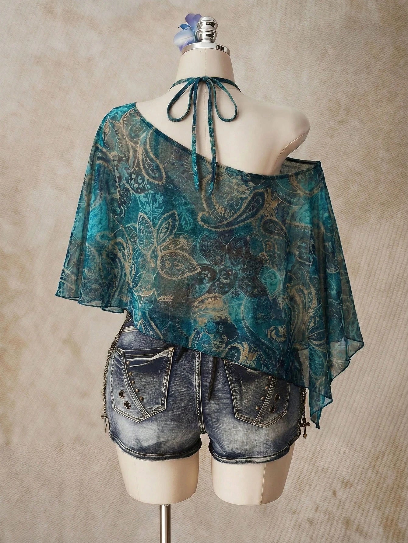 ICON Paisley Pattern Plus Size Women's Asymmetric Collar Batwing Sleeve Loose Top