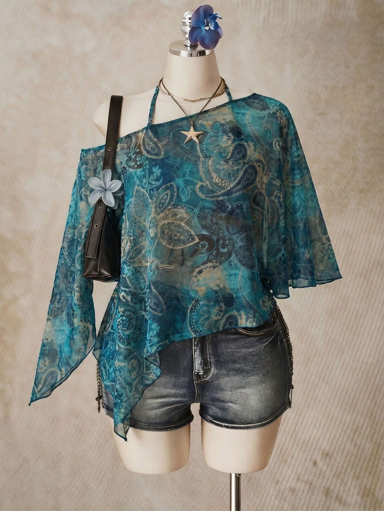 ICON Paisley Pattern Plus Size Women's Asymmetric Collar Batwing Sleeve Loose Top
