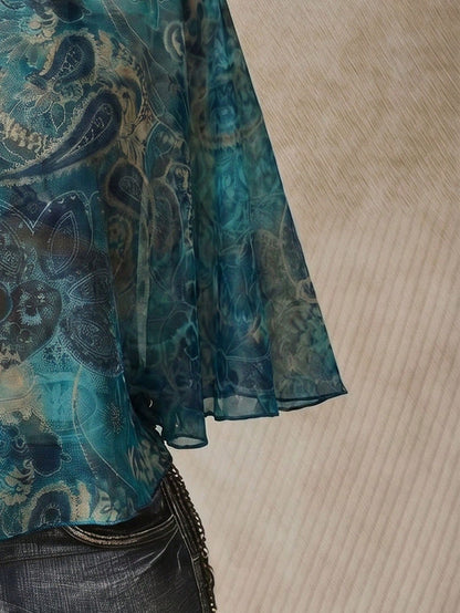 ICON Paisley Pattern Plus Size Women's Asymmetric Collar Batwing Sleeve Loose Top