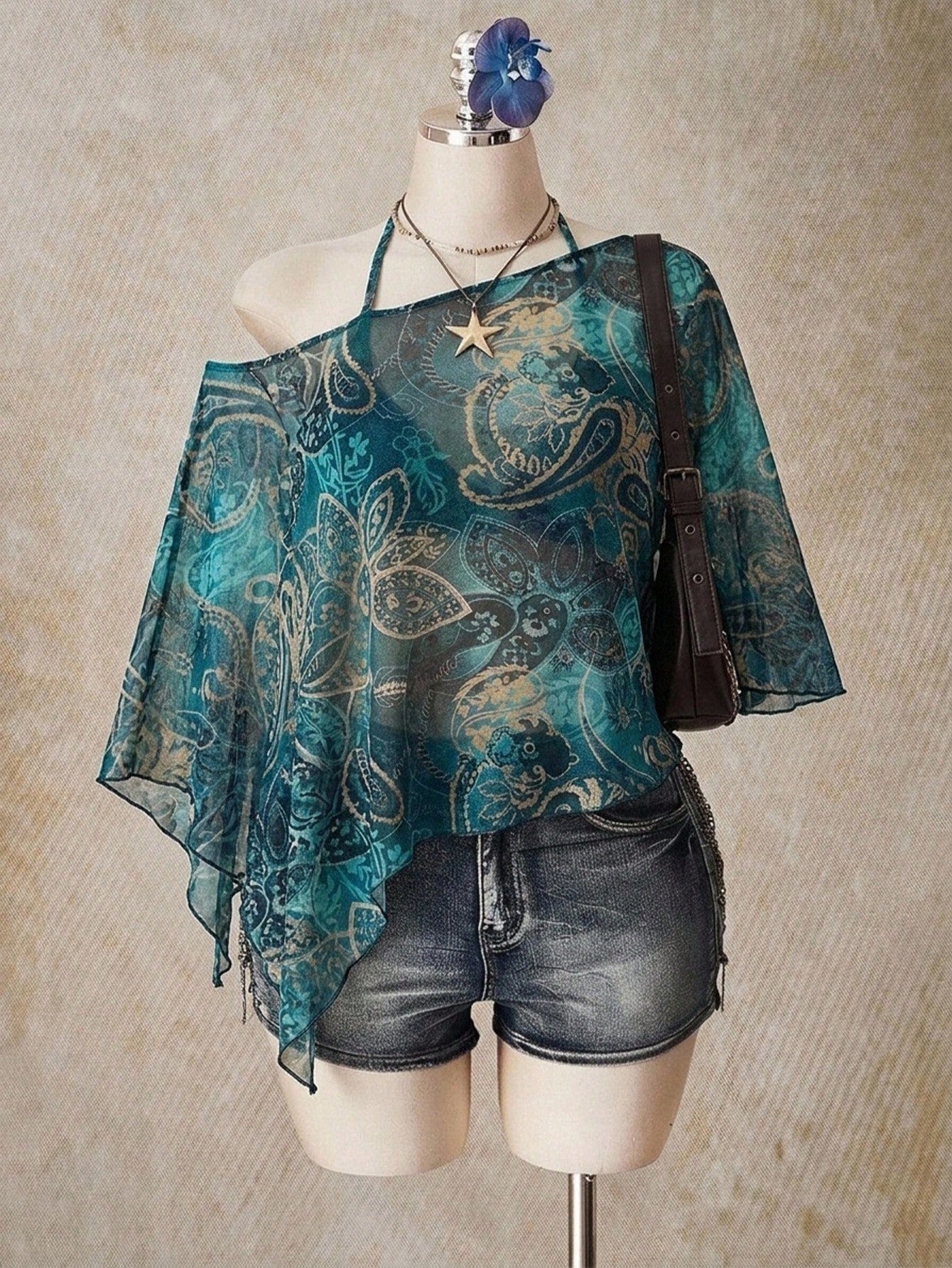 ICON Paisley Pattern Plus Size Women's Asymmetric Collar Batwing Sleeve Loose Top