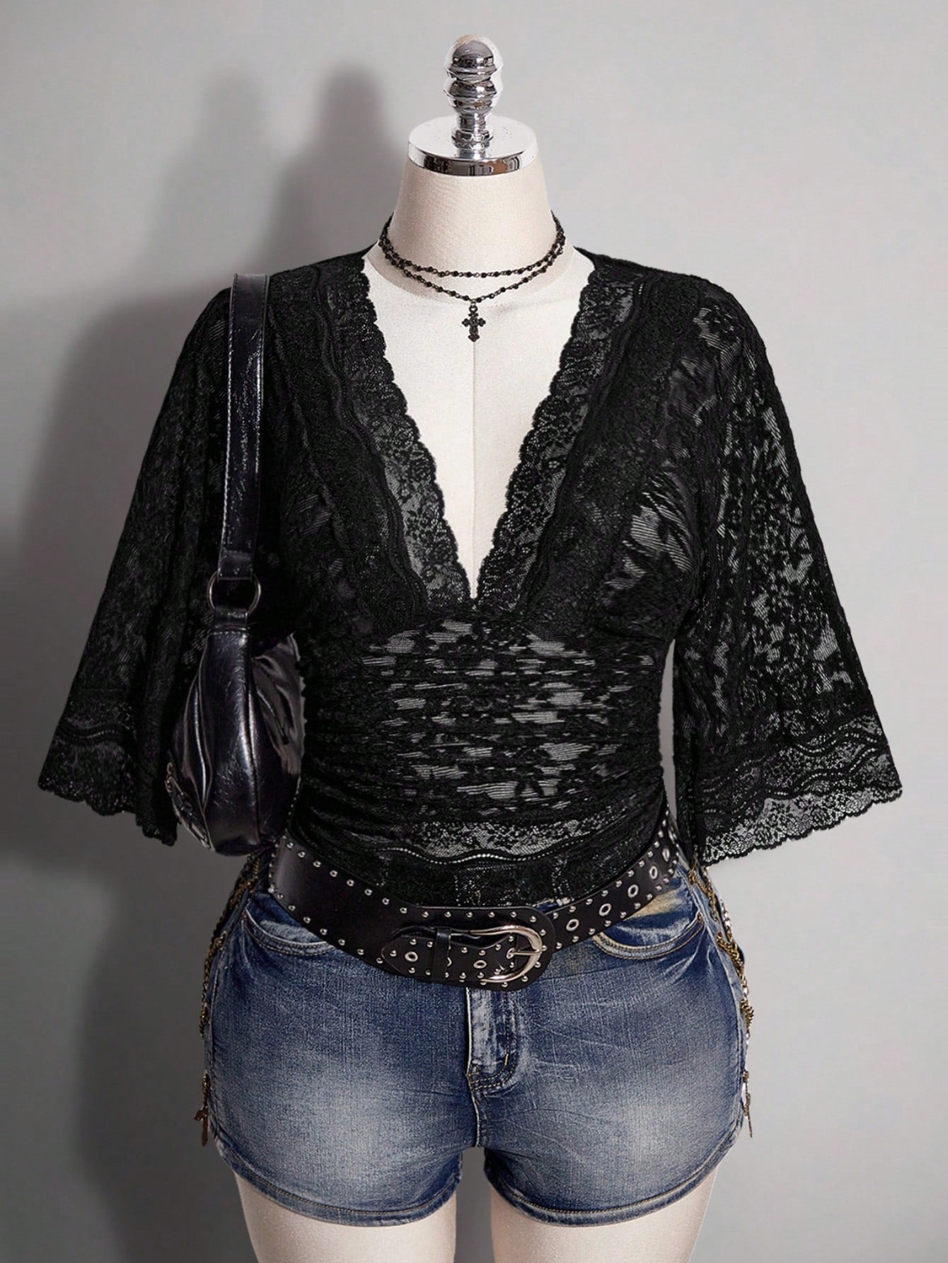 ICON Plus Size Y2K Goth Elegant Sexy V-Neck Lace Patchwork Flare Sleeve Top Brunch Dinner Black Summer