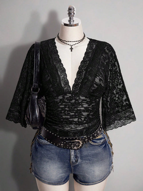 ICON Plus Size Y2K Goth Elegant Sexy V-Neck Lace Patchwork Flare Sleeve Top Brunch Dinner Black Summer