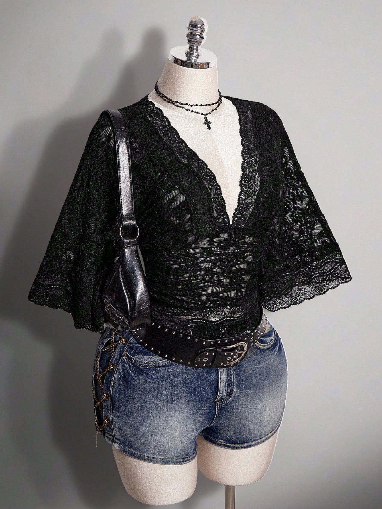 ICON Plus Size Y2K Goth Elegant Sexy V-Neck Lace Patchwork Flare Sleeve Top Brunch Dinner Black Summer
