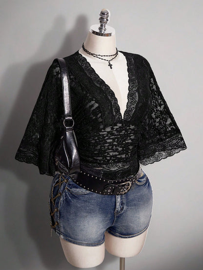ICON Plus Size Y2K Goth Elegant Sexy V-Neck Lace Patchwork Flare Sleeve Top Brunch Dinner Black Summer