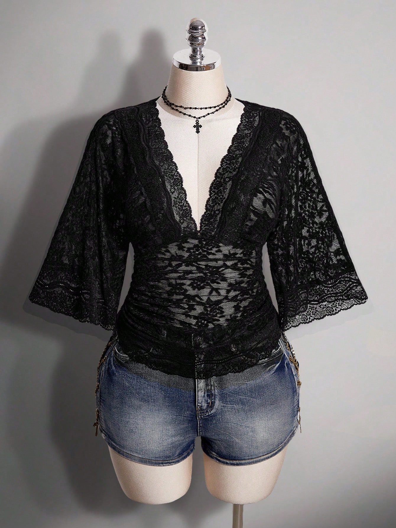 ICON Plus Size Y2K Goth Elegant Sexy V-Neck Lace Patchwork Flare Sleeve Top Brunch Dinner Black Summer