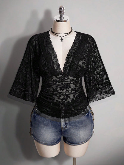 ICON Plus Size Y2K Goth Elegant Sexy V-Neck Lace Patchwork Flare Sleeve Top Brunch Dinner Black Summer