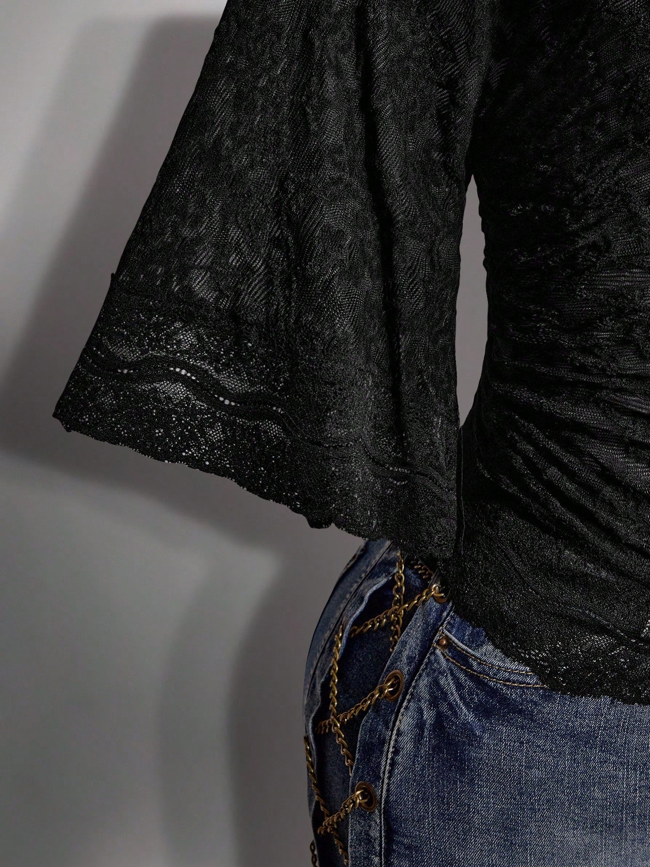 ICON Plus Size Y2K Goth Elegant Sexy V-Neck Lace Patchwork Flare Sleeve Top Brunch Dinner Black Summer
