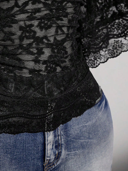 ICON Plus Size Y2K Goth Elegant Sexy V-Neck Lace Patchwork Flare Sleeve Top Brunch Dinner Black Summer