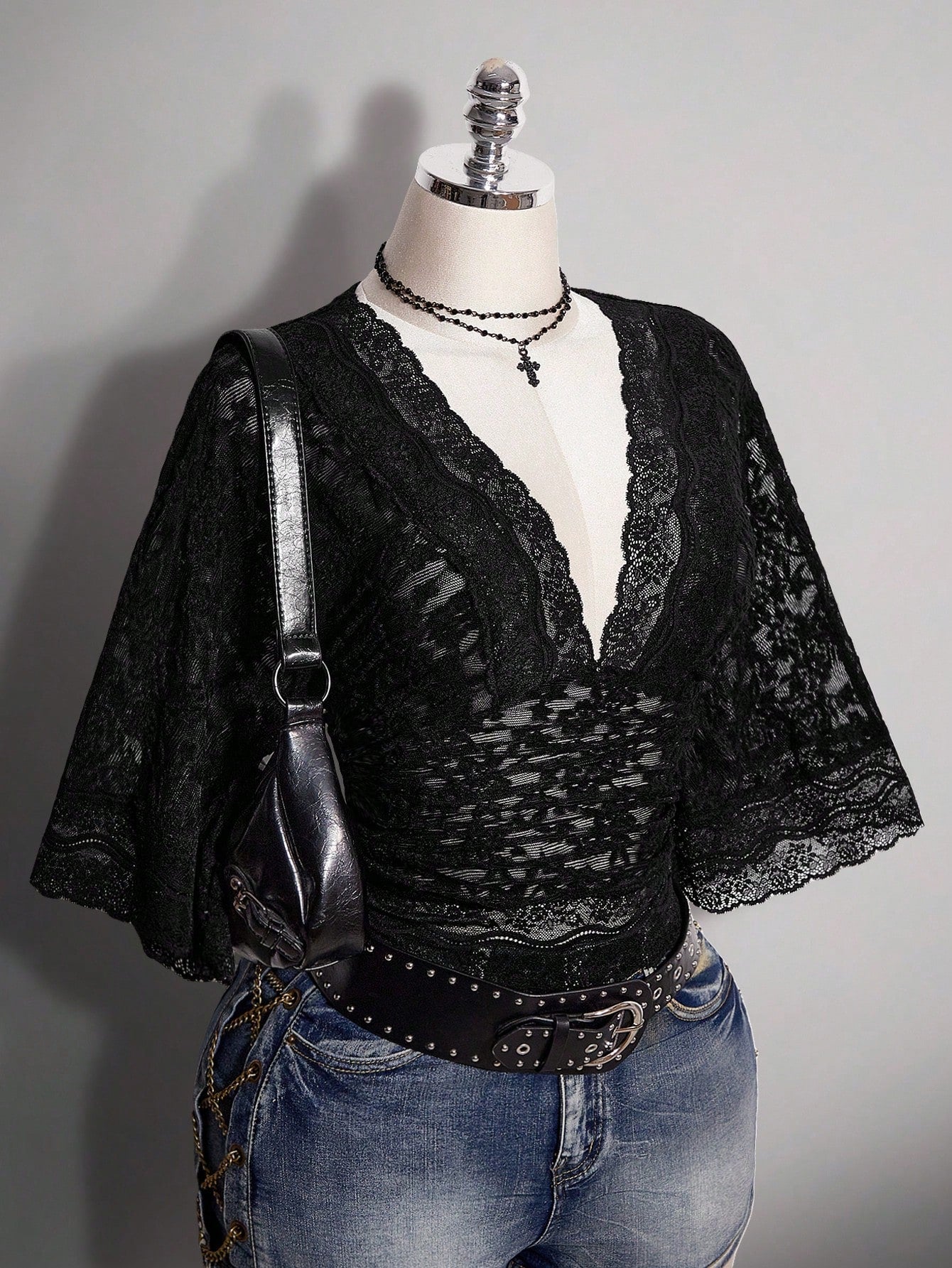 ICON Plus Size Y2K Goth Elegant Sexy V-Neck Lace Patchwork Flare Sleeve Top Brunch Dinner Black Summer