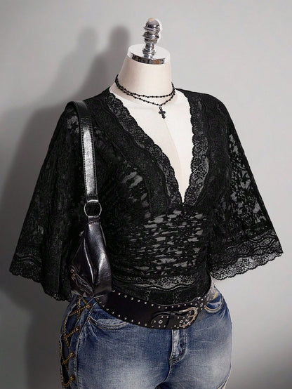 ICON Plus Size Y2K Goth Elegant Sexy V-Neck Lace Patchwork Flare Sleeve Top Brunch Dinner Black Summer