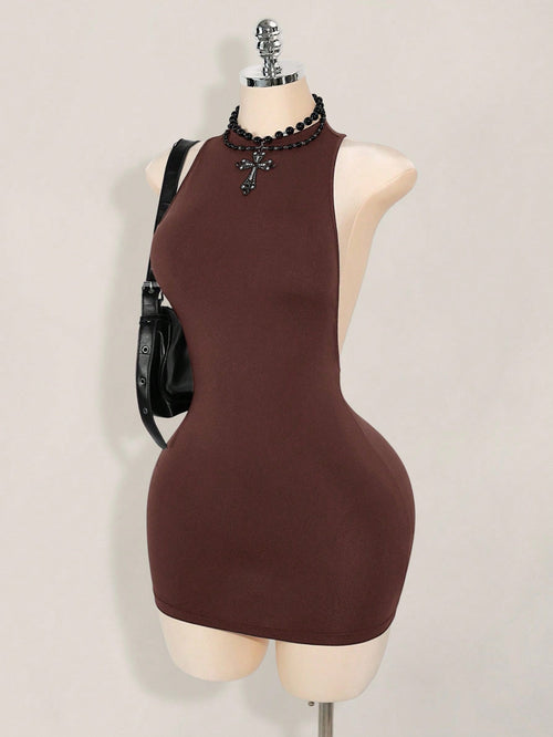 ICON Solid Color Criss-Cross Backless Sexy Casual Mini Dress,Dresses For Women Party