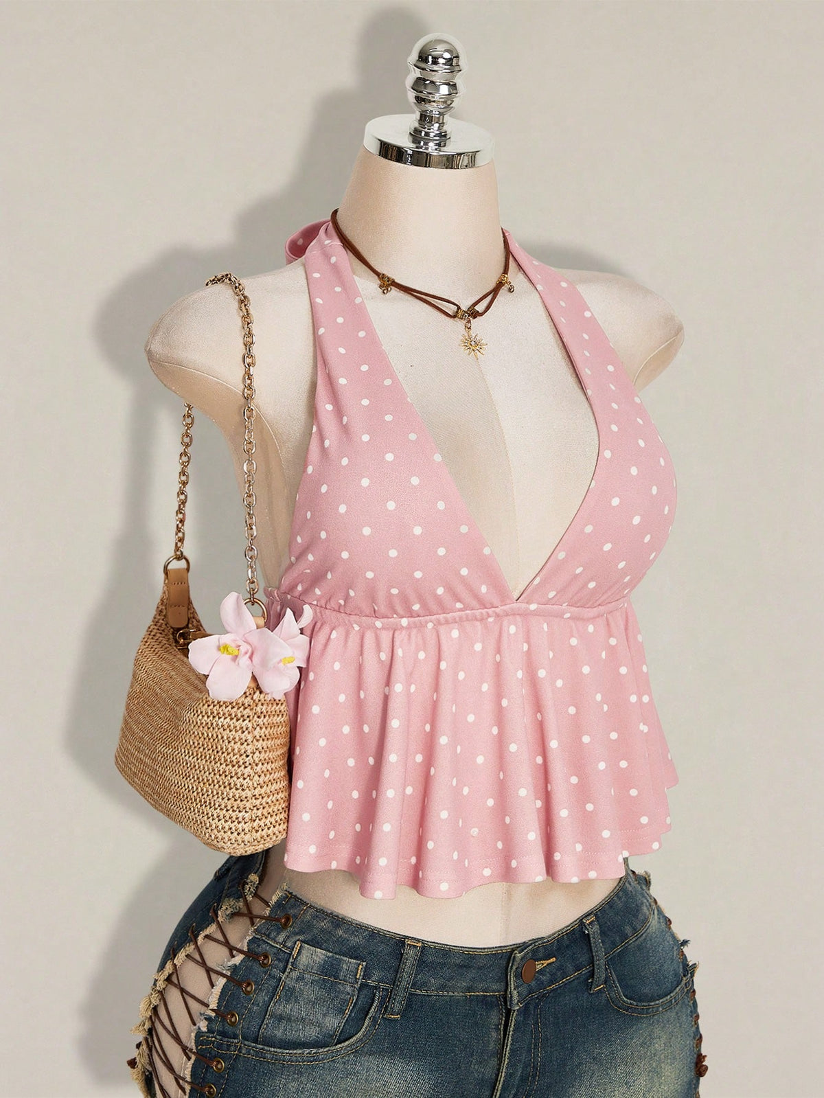 ICON Summer Women's Going Out Beach Vacation Sexy Boho Cute Tropical Holiday Pink Polka Dot Print Ruffle Hem Halter Neck Camisole