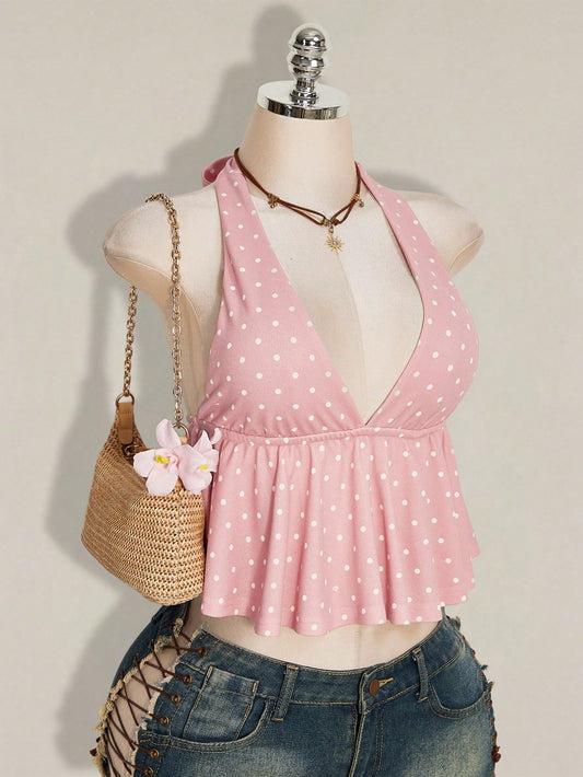 ICON Summer Women's Going Out Beach Vacation Sexy Boho Cute Tropical Holiday Pink Polka Dot Print Ruffle Hem Halter Neck Camisole