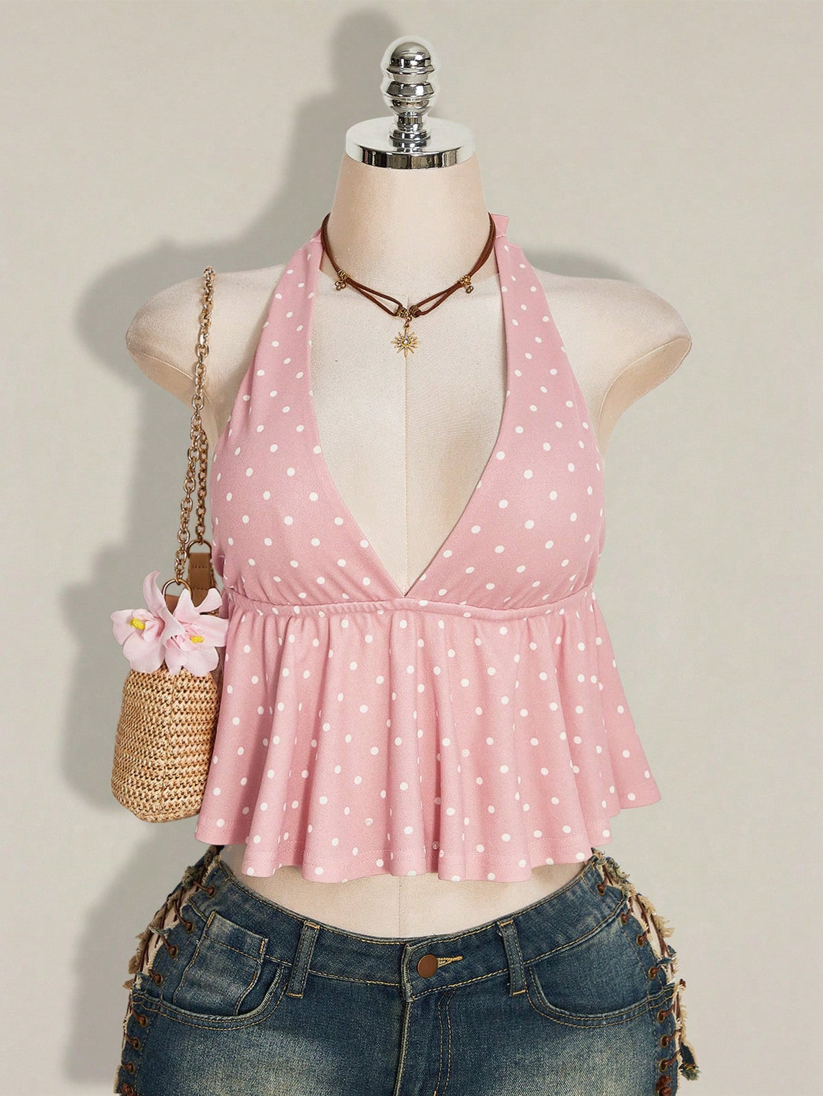 ICON Summer Women's Going Out Beach Vacation Sexy Boho Cute Tropical Holiday Pink Polka Dot Print Ruffle Hem Halter Neck Camisole