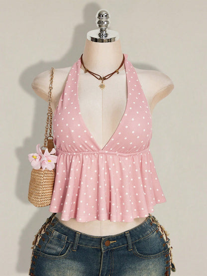 ICON Summer Women's Going Out Beach Vacation Sexy Boho Cute Tropical Holiday Pink Polka Dot Print Ruffle Hem Halter Neck Camisole