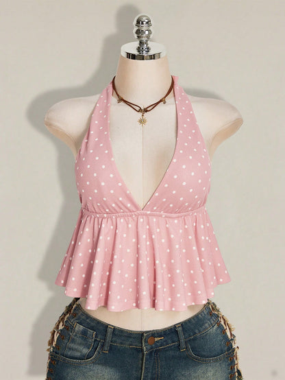 ICON Summer Women's Going Out Beach Vacation Sexy Boho Cute Tropical Holiday Pink Polka Dot Print Ruffle Hem Halter Neck Camisole