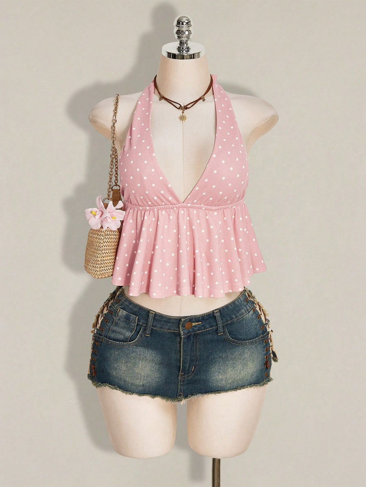 ICON Summer Women's Going Out Beach Vacation Sexy Boho Cute Tropical Holiday Pink Polka Dot Print Ruffle Hem Halter Neck Camisole