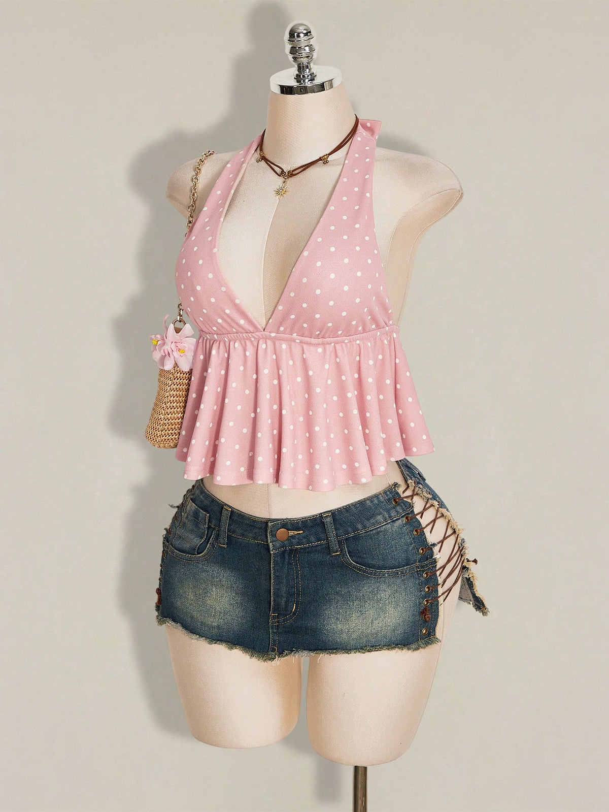 ICON Summer Women's Going Out Beach Vacation Sexy Boho Cute Tropical Holiday Pink Polka Dot Print Ruffle Hem Halter Neck Camisole