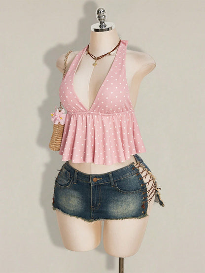 ICON Summer Women's Going Out Beach Vacation Sexy Boho Cute Tropical Holiday Pink Polka Dot Print Ruffle Hem Halter Neck Camisole