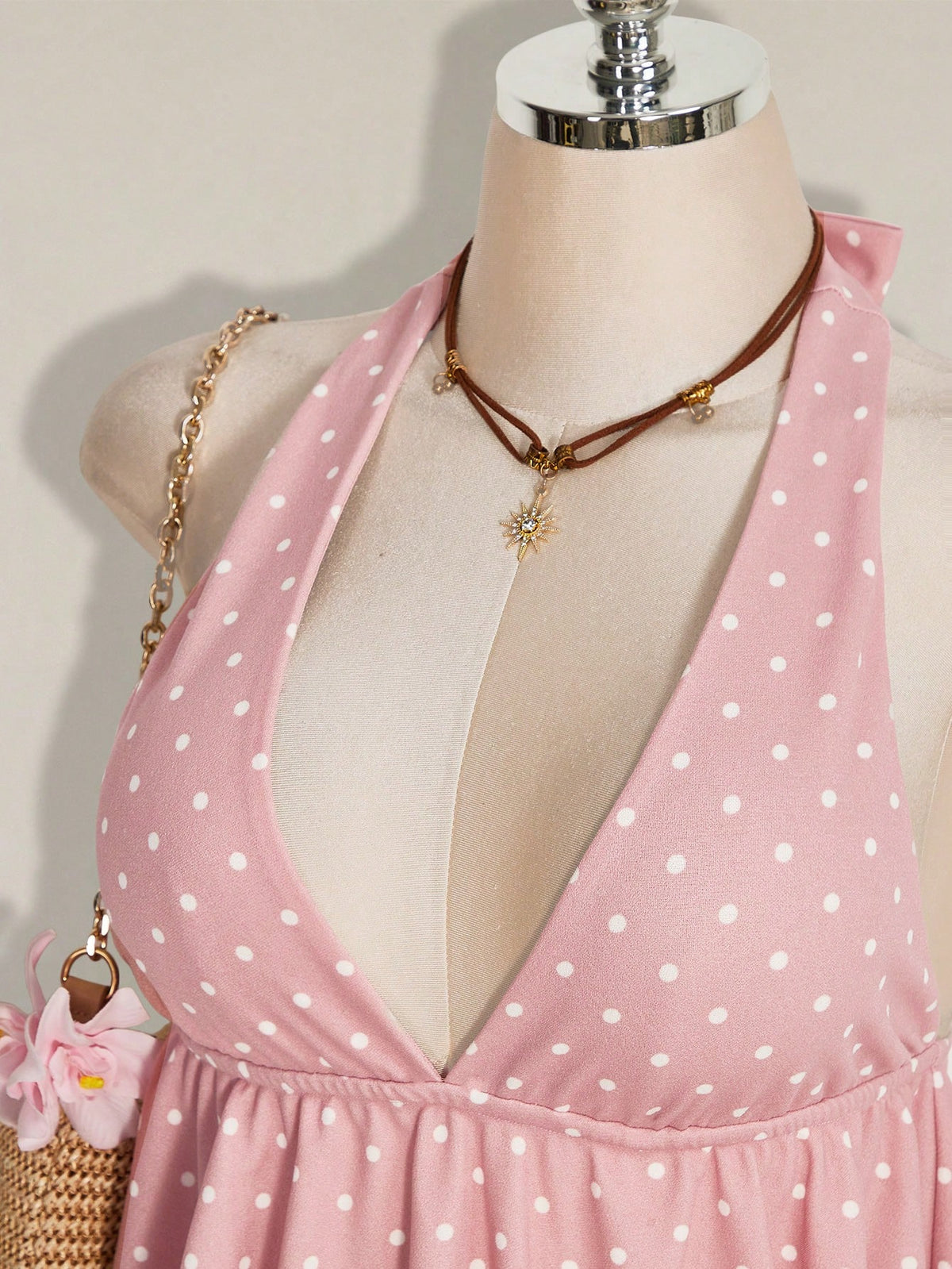 ICON Summer Women's Going Out Beach Vacation Sexy Boho Cute Tropical Holiday Pink Polka Dot Print Ruffle Hem Halter Neck Camisole