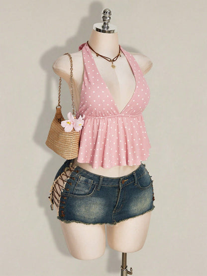ICON Summer Women's Going Out Beach Vacation Sexy Boho Cute Tropical Holiday Pink Polka Dot Print Ruffle Hem Halter Neck Camisole