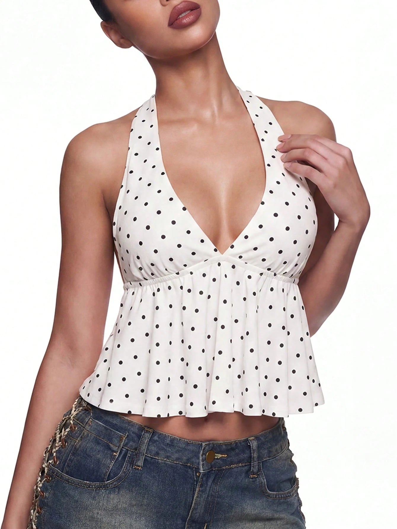 ICON Summer Women's Going Out Vacation Sexy Holiday White With Black Polka Dots Print Ruffle Hem Halter Neck Camisole,Summer Top