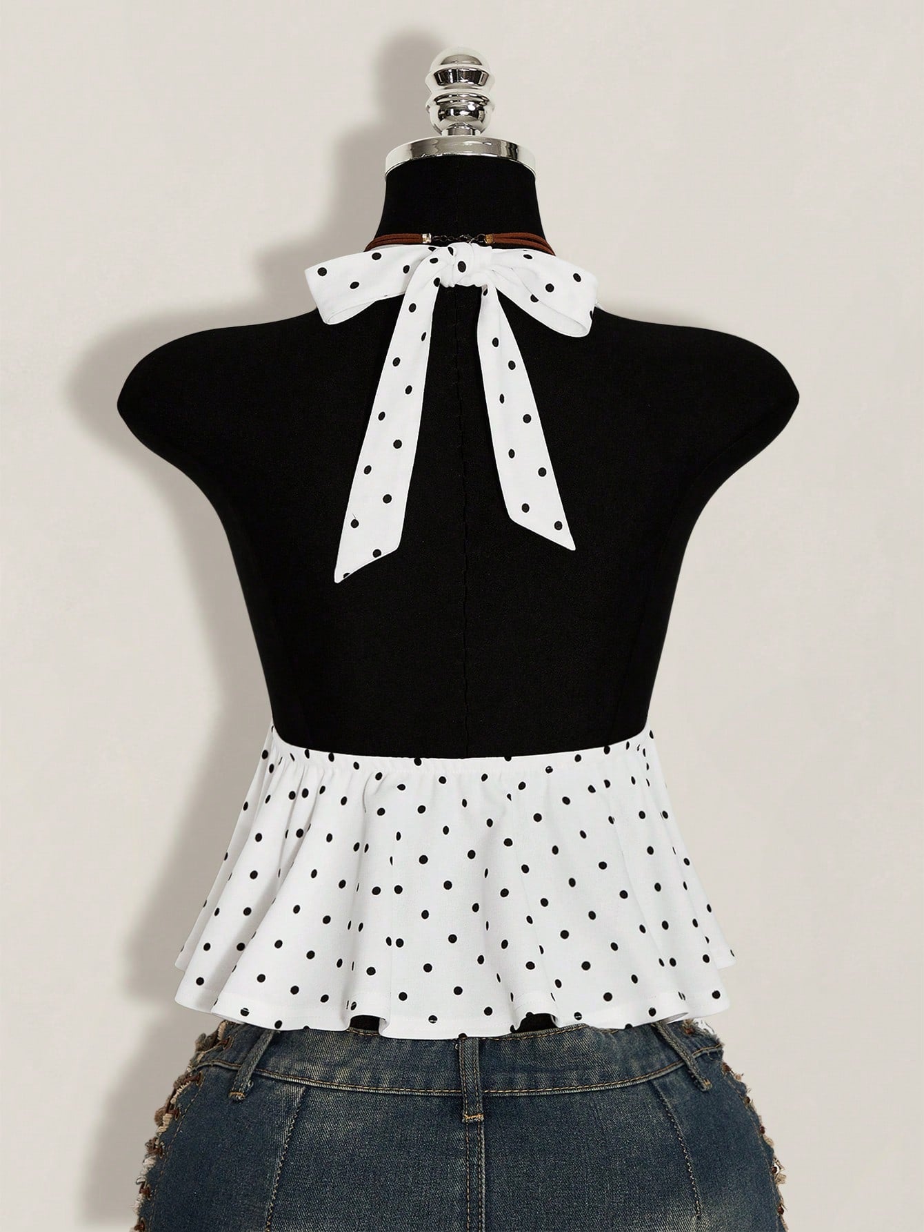 ICON Summer Women's Going Out Vacation Sexy Holiday White With Black Polka Dots Print Ruffle Hem Halter Neck Camisole,Summer Top
