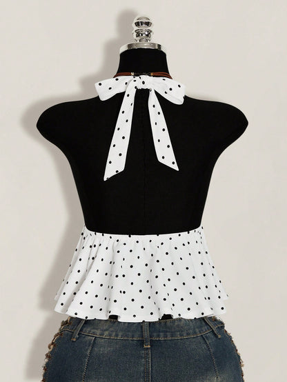 ICON Summer Women's Going Out Vacation Sexy Holiday White With Black Polka Dots Print Ruffle Hem Halter Neck Camisole,Summer Top