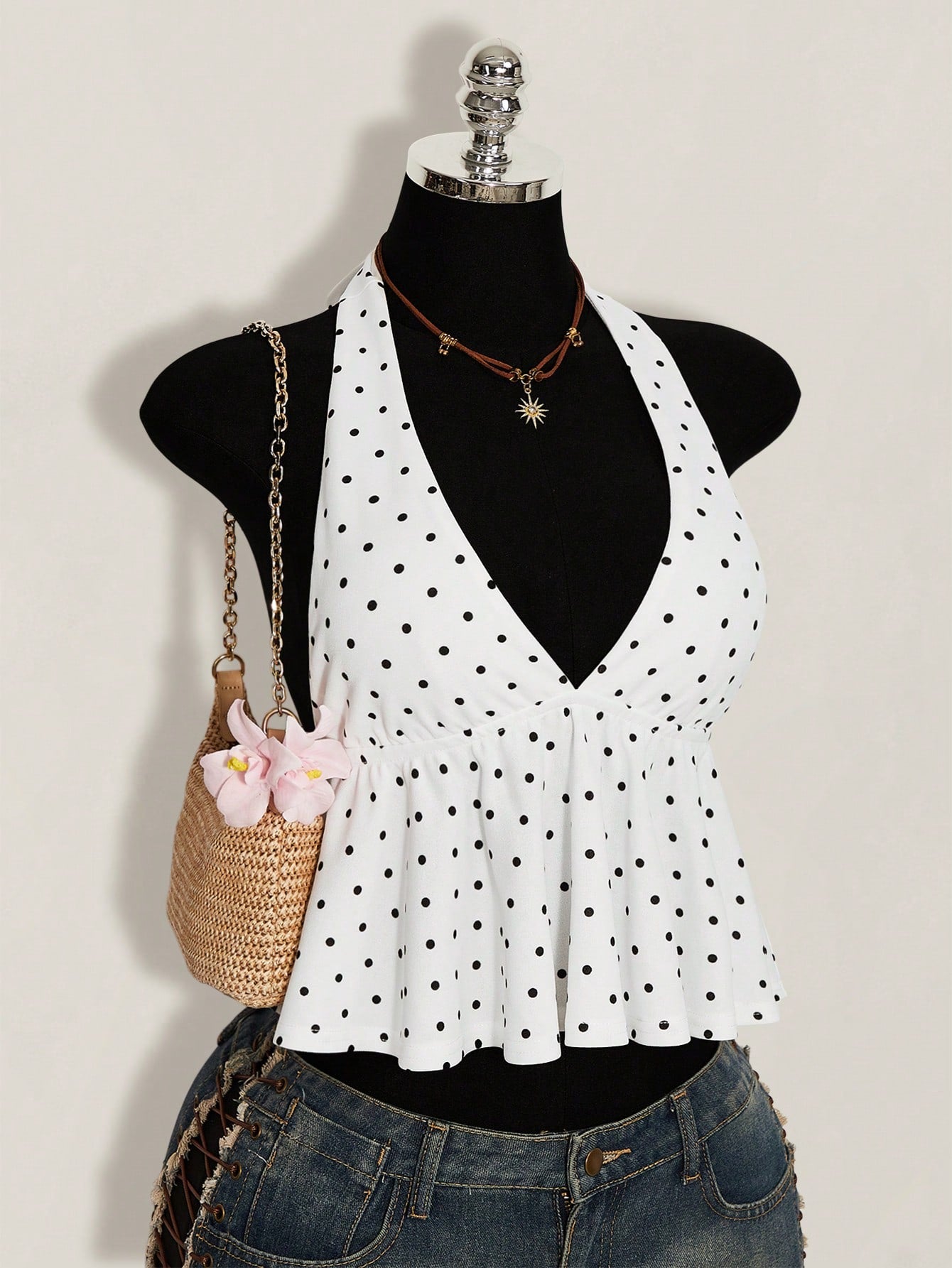 ICON Summer Women's Going Out Vacation Sexy Holiday White With Black Polka Dots Print Ruffle Hem Halter Neck Camisole,Summer Top