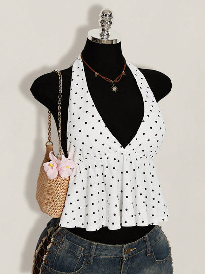 ICON Summer Women's Going Out Vacation Sexy Holiday White With Black Polka Dots Print Ruffle Hem Halter Neck Camisole,Summer Top