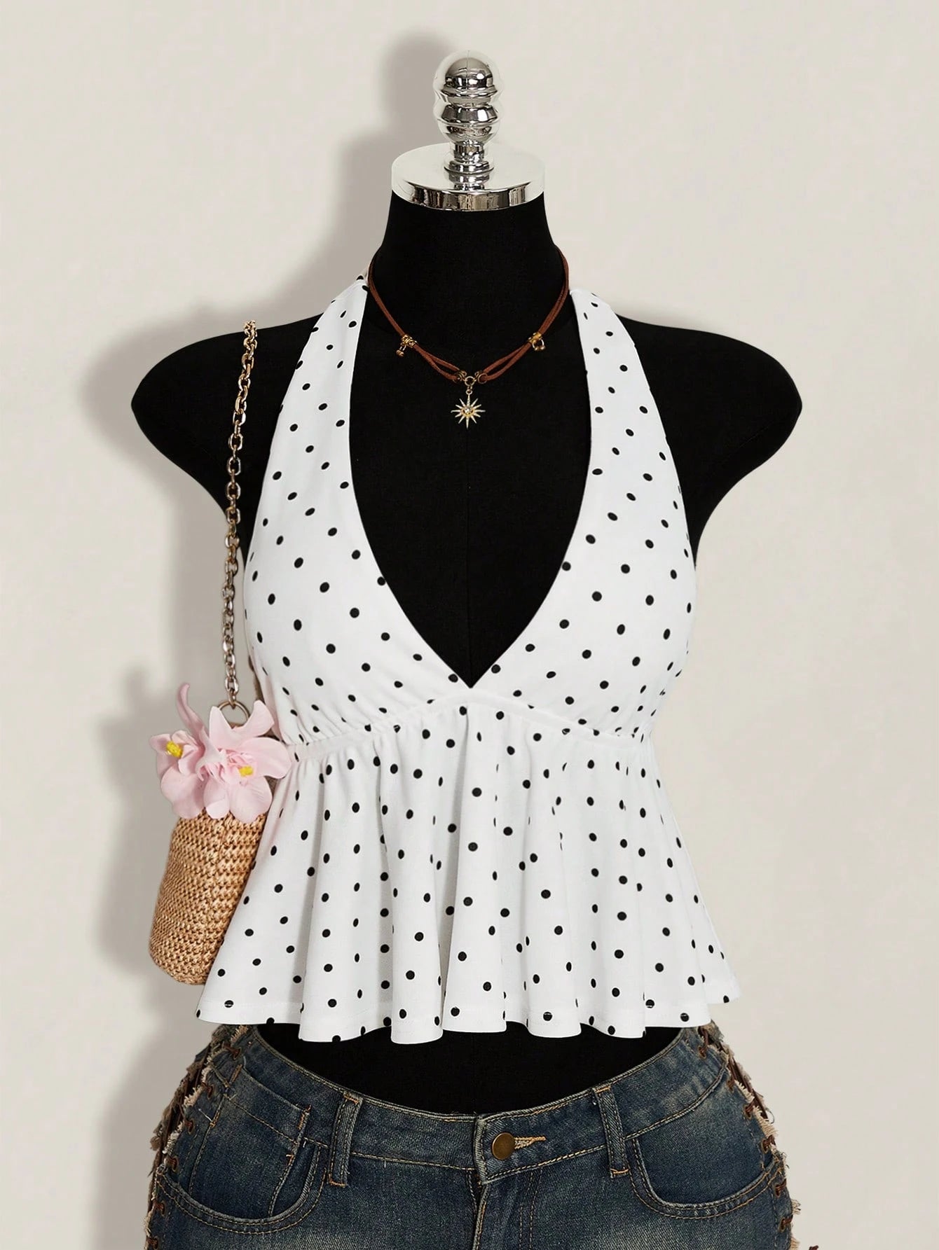 ICON Summer Women's Going Out Vacation Sexy Holiday White With Black Polka Dots Print Ruffle Hem Halter Neck Camisole,Summer Top