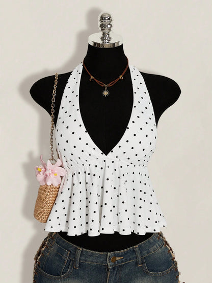 ICON Summer Women's Going Out Vacation Sexy Holiday White With Black Polka Dots Print Ruffle Hem Halter Neck Camisole,Summer Top