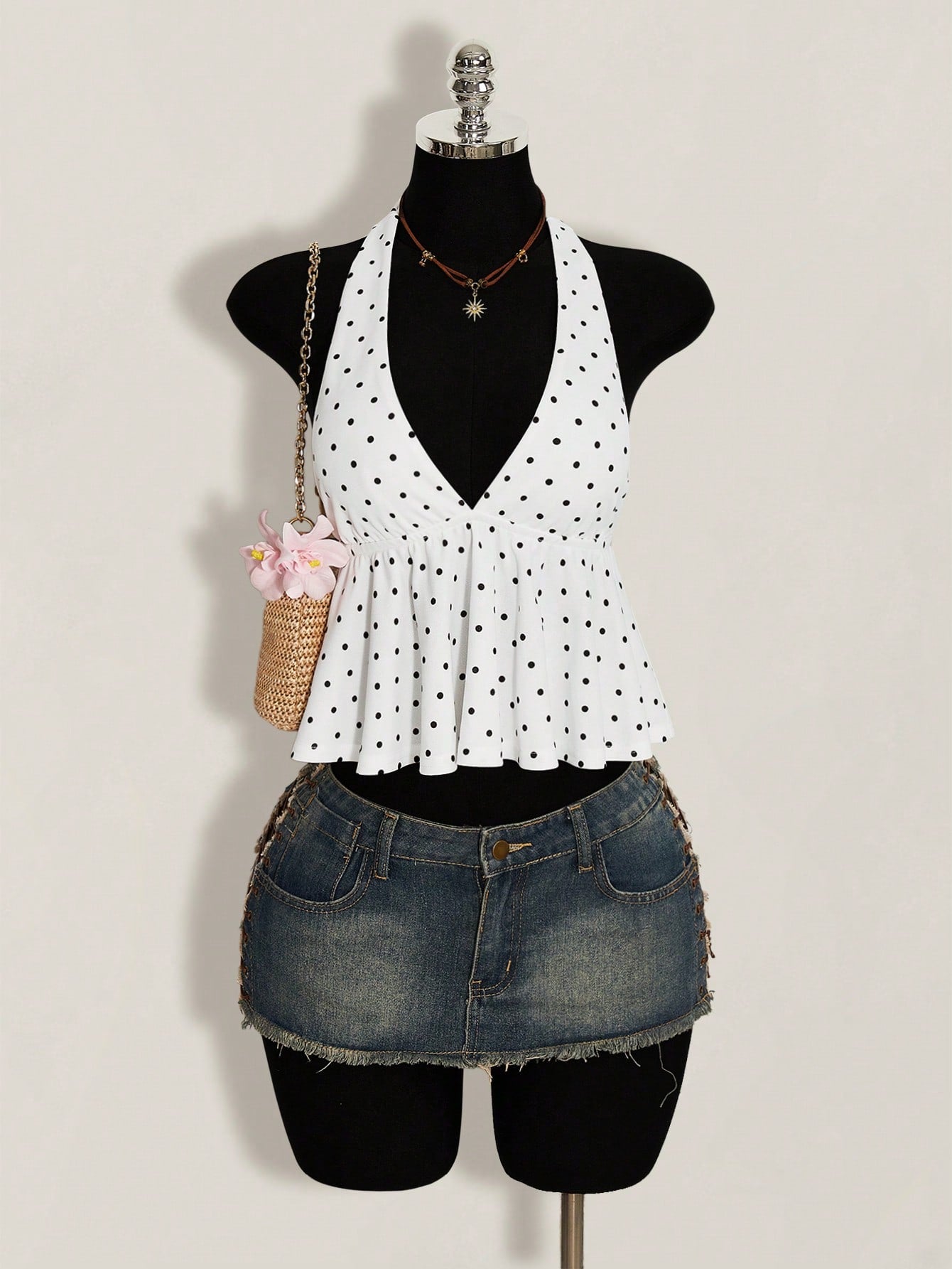 ICON Summer Women's Going Out Vacation Sexy Holiday White With Black Polka Dots Print Ruffle Hem Halter Neck Camisole,Summer Top
