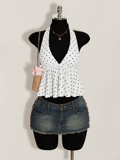 ICON Summer Women's Going Out Vacation Sexy Holiday White With Black Polka Dots Print Ruffle Hem Halter Neck Camisole,Summer Top