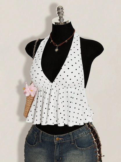 ICON Summer Women's Going Out Vacation Sexy Holiday White With Black Polka Dots Print Ruffle Hem Halter Neck Camisole,Summer Top