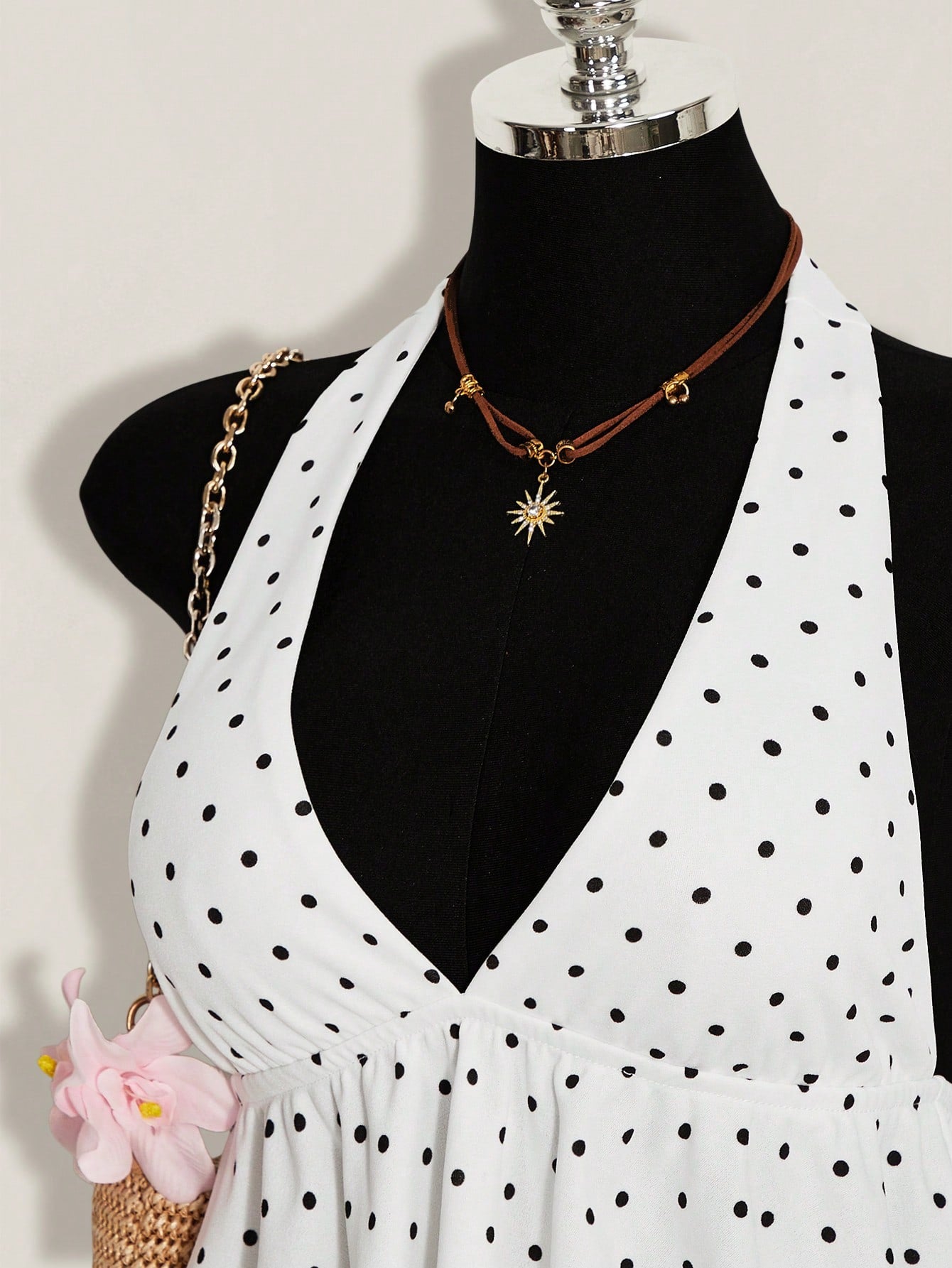 ICON Summer Women's Going Out Vacation Sexy Holiday White With Black Polka Dots Print Ruffle Hem Halter Neck Camisole,Summer Top
