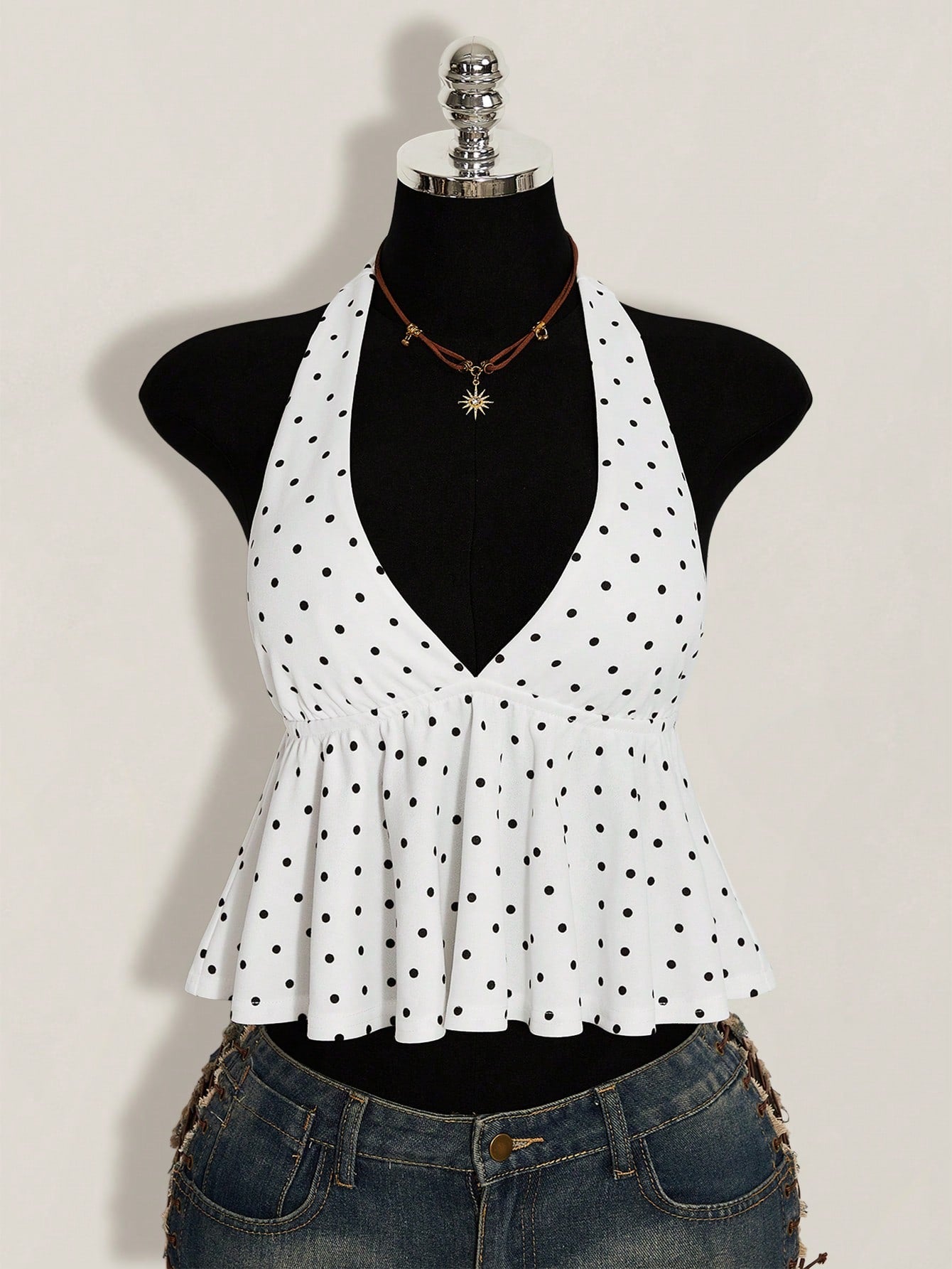 ICON Summer Women's Going Out Vacation Sexy Holiday White With Black Polka Dots Print Ruffle Hem Halter Neck Camisole,Summer Top