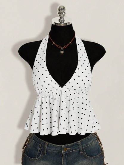 ICON Summer Women's Going Out Vacation Sexy Holiday White With Black Polka Dots Print Ruffle Hem Halter Neck Camisole,Summer Top